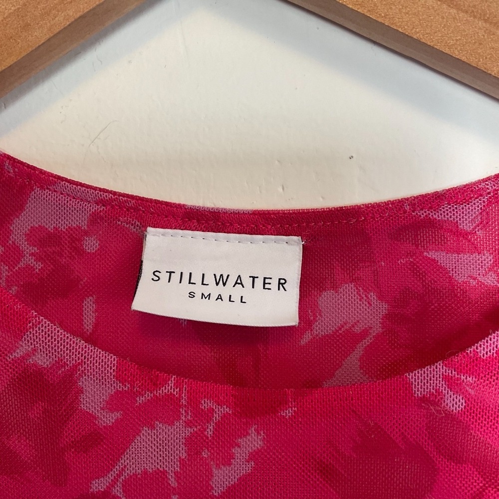 STILLWATER Colette Long Sleeve Mesh Mini Dress S Floral Slit Stretch Barbie NWOT - Picture 3 of 5